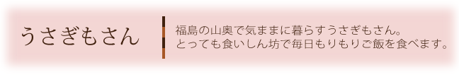 うさぎもさん　福島の山奥で気ままに暮らすうさぎもさん。とっても食いしん坊で毎日もりもりご飯を食べます。