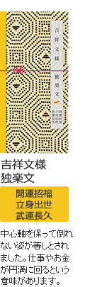 吉祥文様 独楽文 開運招福・立身出世・武運長久 中心軸を保って倒れない姿が善しとされました。仕事やお金が円満に回るという意味があります。